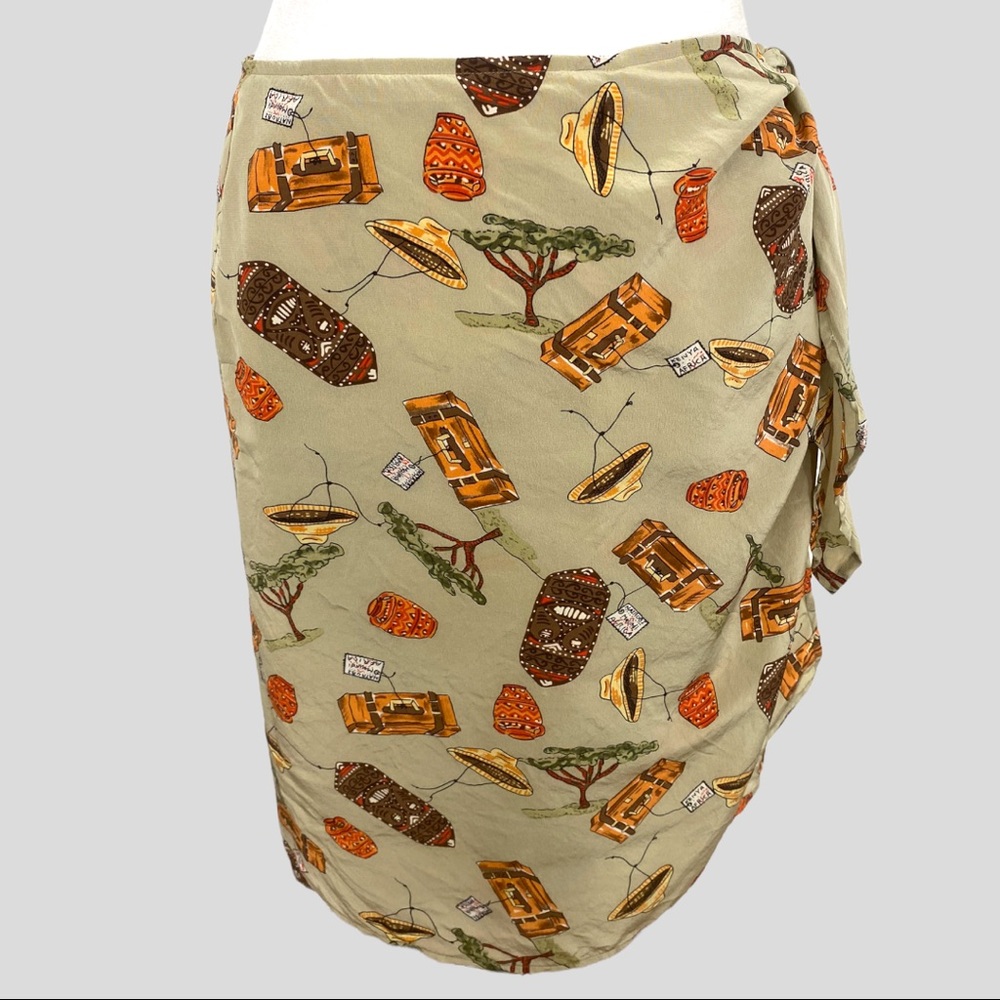 Vintage Neiman Marcus Novelty Print African Tourist Silk Wrap Skirt